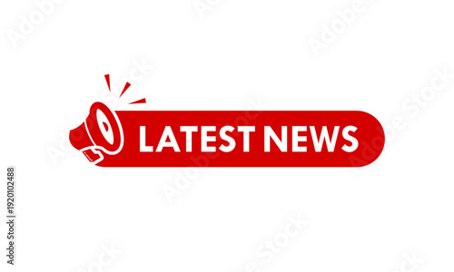Latest news red banner vector with megaphone icon, isolated on white background for announcement, breaking news updates, and media broadcasting design element.
