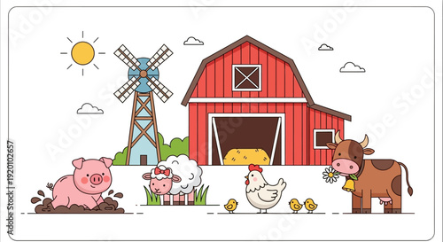 Farm animals gathered around a red barn with a windmill in the background on a sunny day
