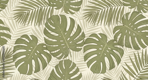 Tropical leaves pattern featuring monstera and palm fronds in a seamless illustration