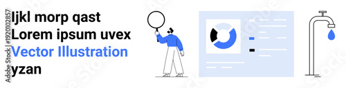 Figure holding a magnifying glass, bar chart with analytics, faucet with water drop. Ideal for data analysis, exploration, sustainability, education, infographics, web design simple landing page