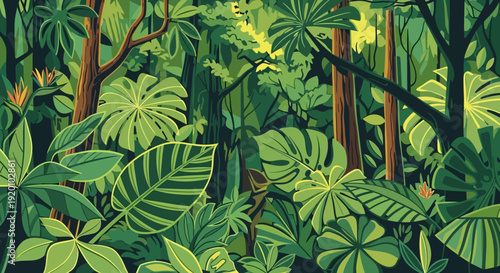 Dense tropical forest with lush greenery and diverse foliage viewed from a dense thicket