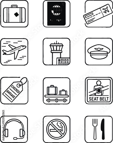 Set of travel and airport icons for aviation and transportation themes.