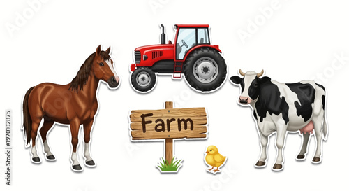 Farm scene illustration featuring horse, tractor, cow, chicken, and sign from a front viewpoint