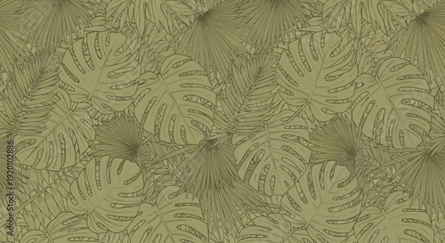 Seamless tropical leaf pattern illustration on a muted green background viewed from directly above Whisk_4780078165c49b69b7f4bb0153efb049dr.eps