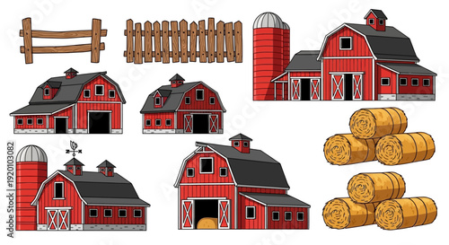 Collection of red barns, silos, and hay bales on a farm landscape illustration