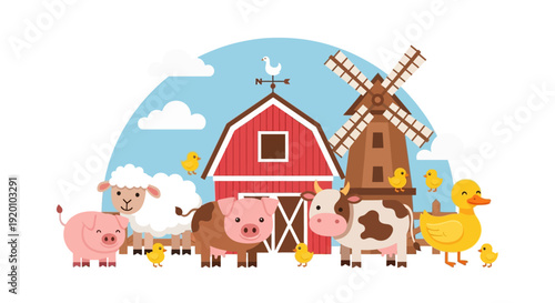 Farm animals gathered around a red barn and windmill on a sunny day outdoors