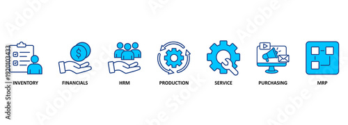 ERP. Enterprise resource planning concept. Banner with keywords and icons 