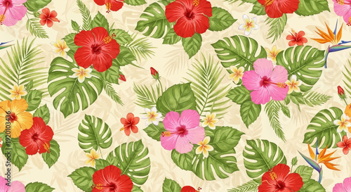 Vibrant Tropical Floral Pattern Featuring Hibiscus, Leaves, and Flowers in a Repeating Design, Overhead View