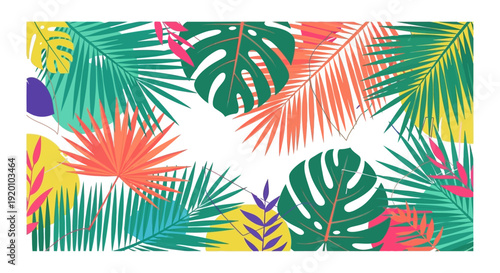 Vibrant tropical leaves and plants illustration in a colorful arrangement from an overhead viewpoint