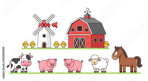 Farm animals standing in front of a barn and windmill on a sunny day