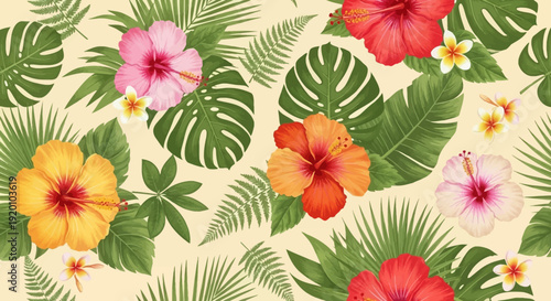 Tropical flowers and leaves pattern viewed from directly above in a vibrant environment