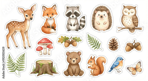 Cute Woodland Animals and Nature Elements Sticker Set