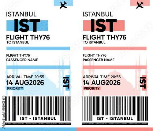 IST, Istanbul, Turkey luggage label, boarding pass template. Vector minimalist illustration with airport code, city destination, flight info. Flat, modern image layout