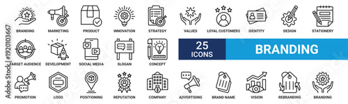 Branding icon set. Containing marketing, product, innovation, strategy, brand values, loyal customers, identity and more. Line vector icons collection.