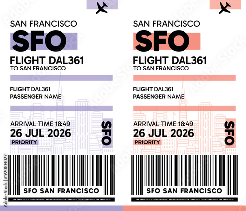 SFO, San Francisco, USA luggage label, boarding pass template. Vector minimalist illustration with airport code, city destination, flight info. Flat, modern image layout