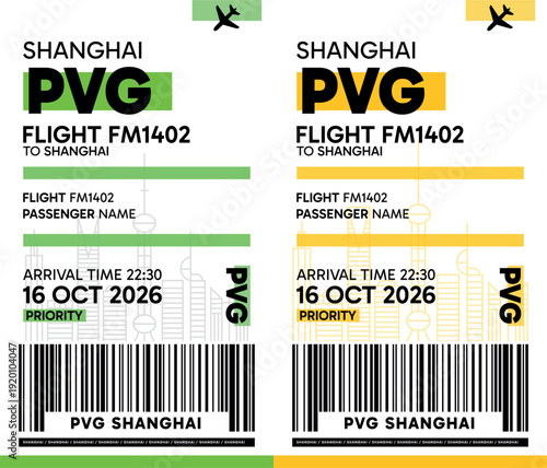 PVG, Shanghai, China luggage label, boarding pass template. Vector minimalist illustration with airport code, city destination, flight info. Flat, modern image layout