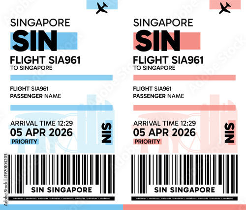 Sin, Singapore luggage label, boarding pass template. Vector minimalist illustration with airport code, city destination, flight info. Flat, modern image layout