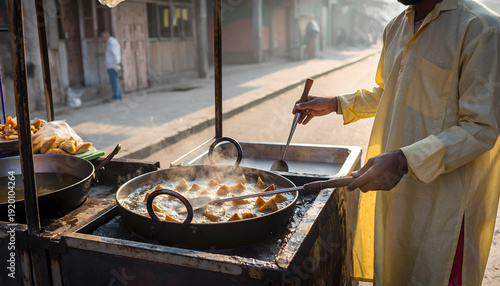 street food vendor frying pakoras in a large wok over an open flame on a sunny morning, with steam rising from the hot oil and a blurred street scene in the background.