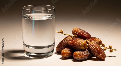 A glass of clear water next to a pile of dates on a white surface.