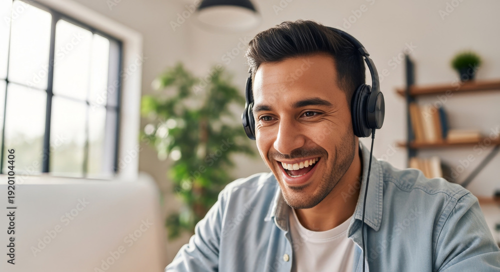 Naklejka premium Happy male professional wearing headphones during video call at bright modern home office