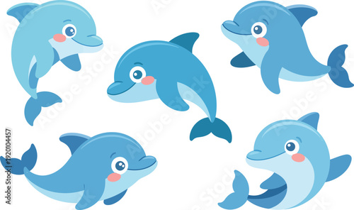 Playful Blue Dolphin Collection: Five happy cartoon dolphins with charming smiles, depicted in various swimming poses.