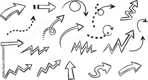 A collection of various hand drawn arrows isolated on transparent background