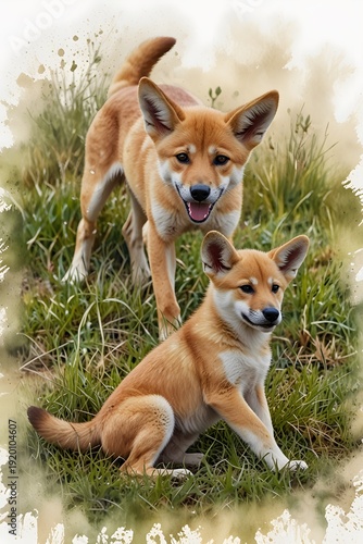 Dingo pups playing in the grass