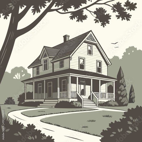 Charming TwoStory House with WrapAround Porch Illustration.