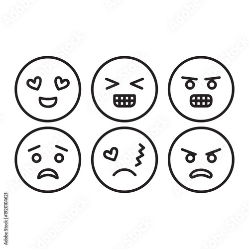 Six emoji faces showcasing varied expressions of happiness anger sadness and confusion on a plain background