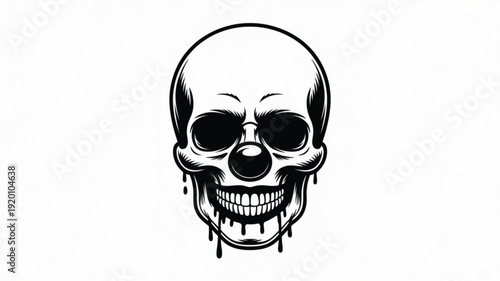 Black and white grinning skull with clown nose and dripping