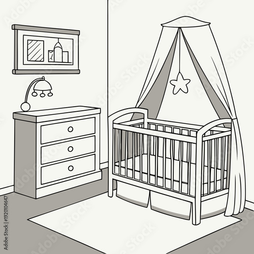 Cozy Baby Nursery Illustration with Crib and Dresser.