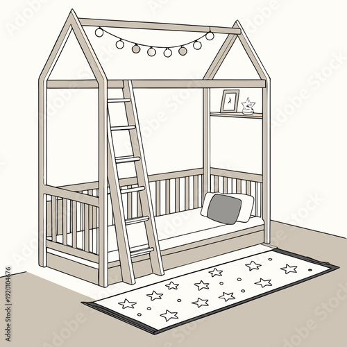 Cozy House Bed with Ladder and Star Rug Illustration.