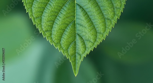 A close-up view of a vibrant green leaf with a blurred natural background