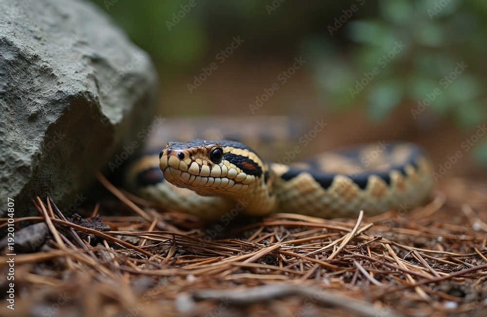 Obraz premium Closeup of yellow, black patterned python snake resting on dry pine needles near large rock. Snake has detailed scales, watchful eyes in natural outdoor habitat, showing wildlife in its environment.
