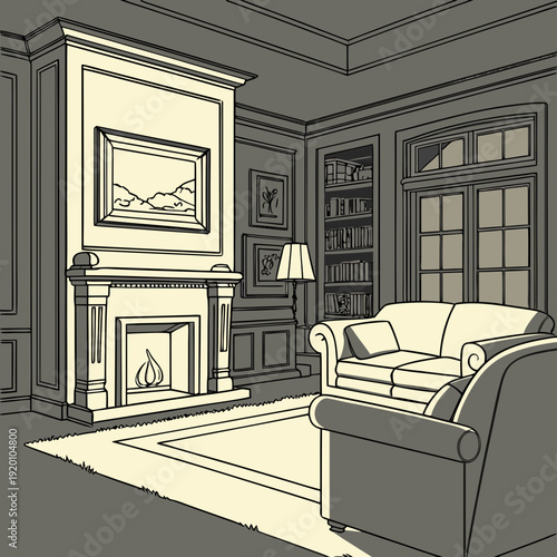 Cozy Living Room Interior with Fireplace and Sofas Illustration.