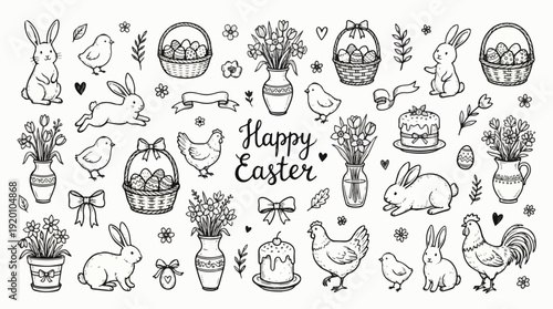Spring Easter doodle set, hand drawn holiday cute bunny illustration seasonal whimsical flower print. Countryside animals and birds, tulip bouquet, festive eggs, funny rabbit. Easter cartoon doodle 