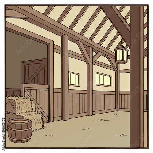 Interior of a Medieval Stable with Lantern and Barrels.