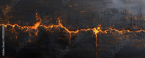 A dramatic background of blackened and scorched wood with deep cracks glowing like hot embers or lava. An intense, dark, and fiery abstract texture.