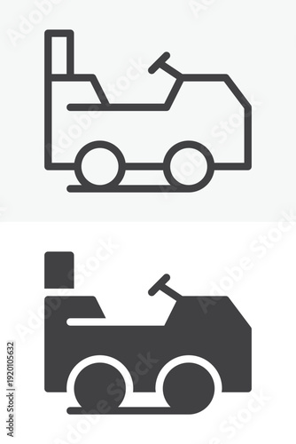Lawn mower icon set in line and solid style. Outline and filled mower icon with editable stroke vector sign and symbol for grass cutting and garden care.