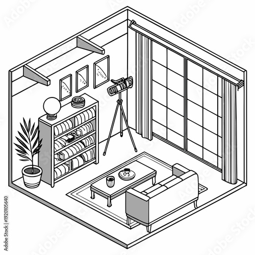 Isometric Living Room Illustration with Bookshelf and Telescope.