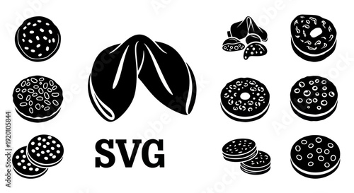Fortune Cookie Icons Set, Chinese Snack, Isolated Black Silhouettes