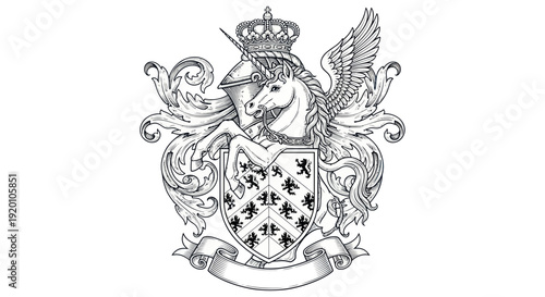 Mythical Unicorn Pegacorn Crest Emblem with Crown and Shield Illustration