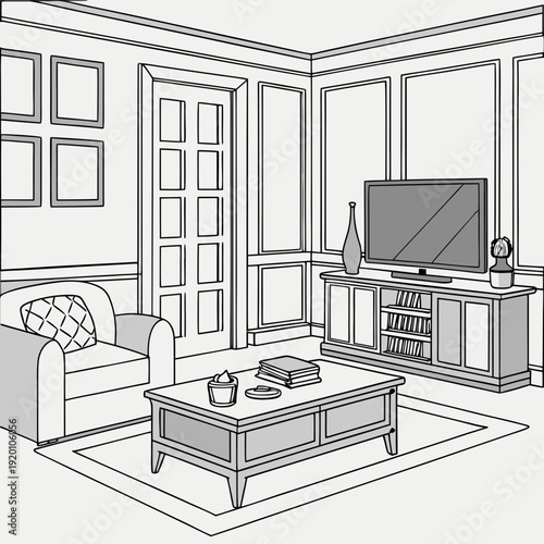 Living Room Interior Design Sketch with Furniture.