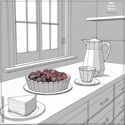 Kitchen Still Life with Berry Tart and Cake Slice.