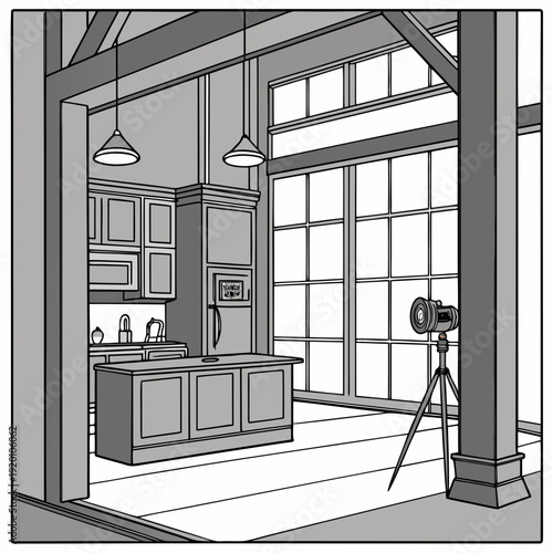 Kitchen Interior with Camera and Large Windows.