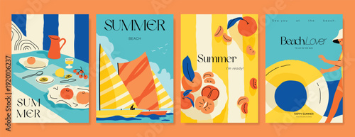 Italy summer party invitation card vector. Italian poster with lemon, leaves, lobster, wine, cheese, tomato, crab, shell in line art. Design for wedding card, greeting card, cover, poster.