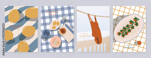 Italy summer party invitation card vector. Italian poster with lemon, leaves, lobster, wine, cheese, tomato, crab, shell in line art. Design for wedding card, greeting card, cover, poster.