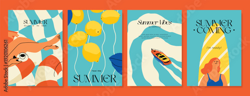 Italy summer party invitation card vector. Italian poster with lemon, leaves, lobster, wine, cheese, tomato, crab, shell in line art. Design for wedding card, greeting card, cover, poster.