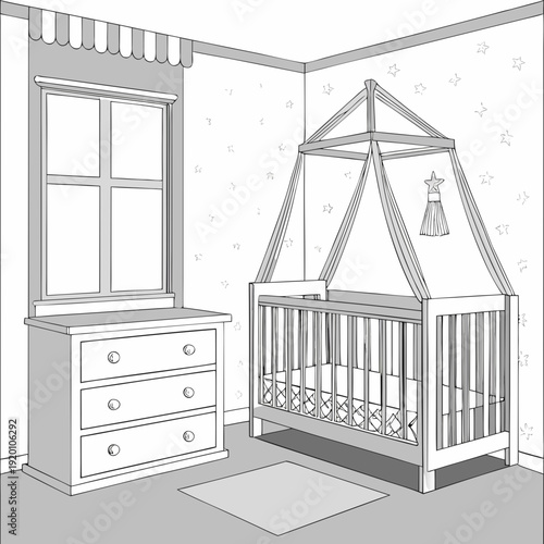 Nursery Interior with Crib Dresser and Window Illustration.