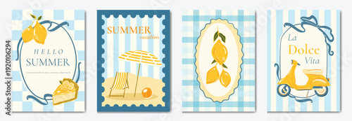 Italy summer party invitation card vector. Italian poster with lemon, leaves, lobster, wine, cheese, tomato, crab, shell in line art. Design for wedding card, greeting card, cover, poster.